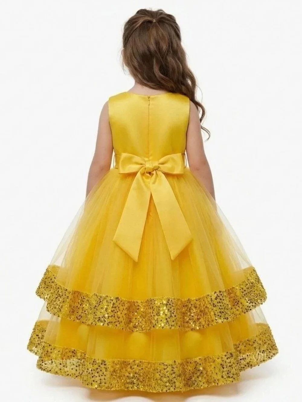 Girls Belle Princess Costume Dress Yellow Gold Sequin Tulle Birthday Party